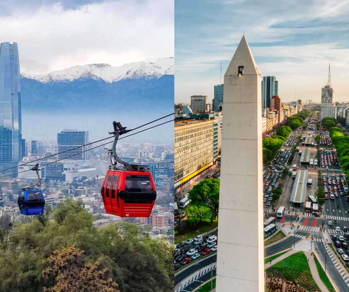 Landscape collage of Santiago de Chile on one side and Buenos Aires on the other