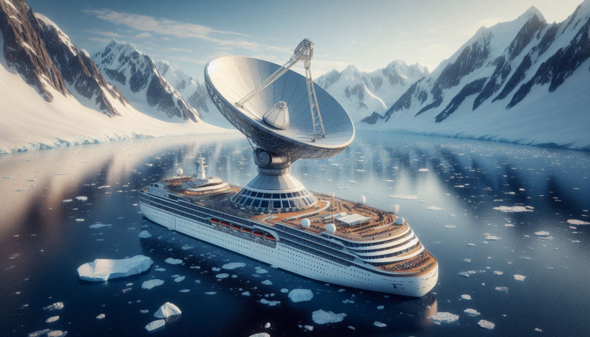 AI generated image of a massive dish on top of a cruise ship in Antarctica