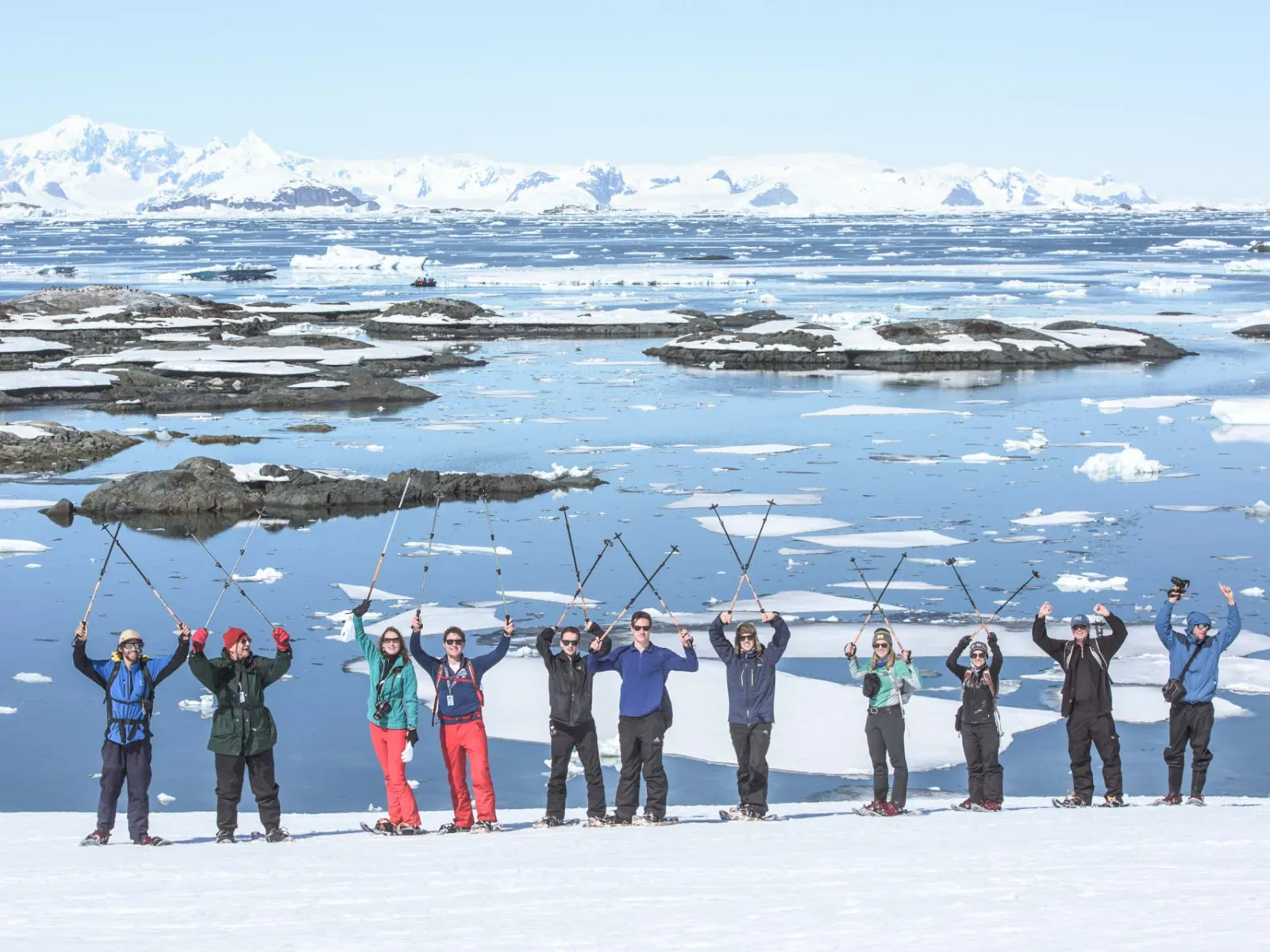 Explorers showshoeing in Antarctica