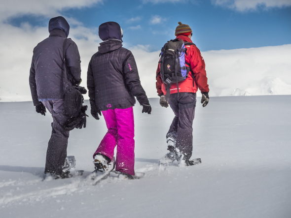 Three individuals snowshoeing in Antarctica